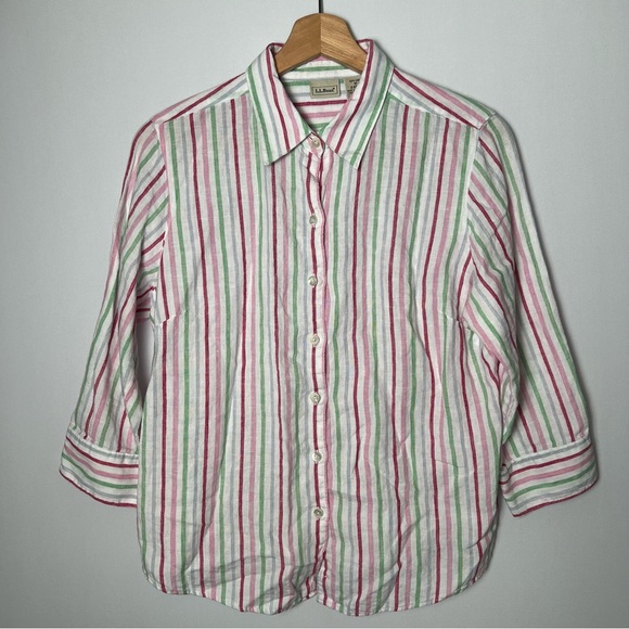 L.L. Bean Tops - L.L Bean 100% Linen Multicolor Striped 3/4 Sleeve Button Down Shirt Coastal M